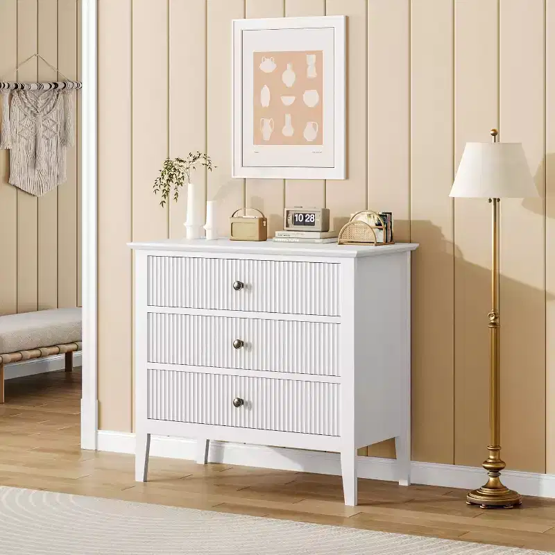 Modern 3-Drawer Dresser with Fluted Design, Anti-Tip Straps & Silent Glides for Bedroom, Living Room, Bathroom