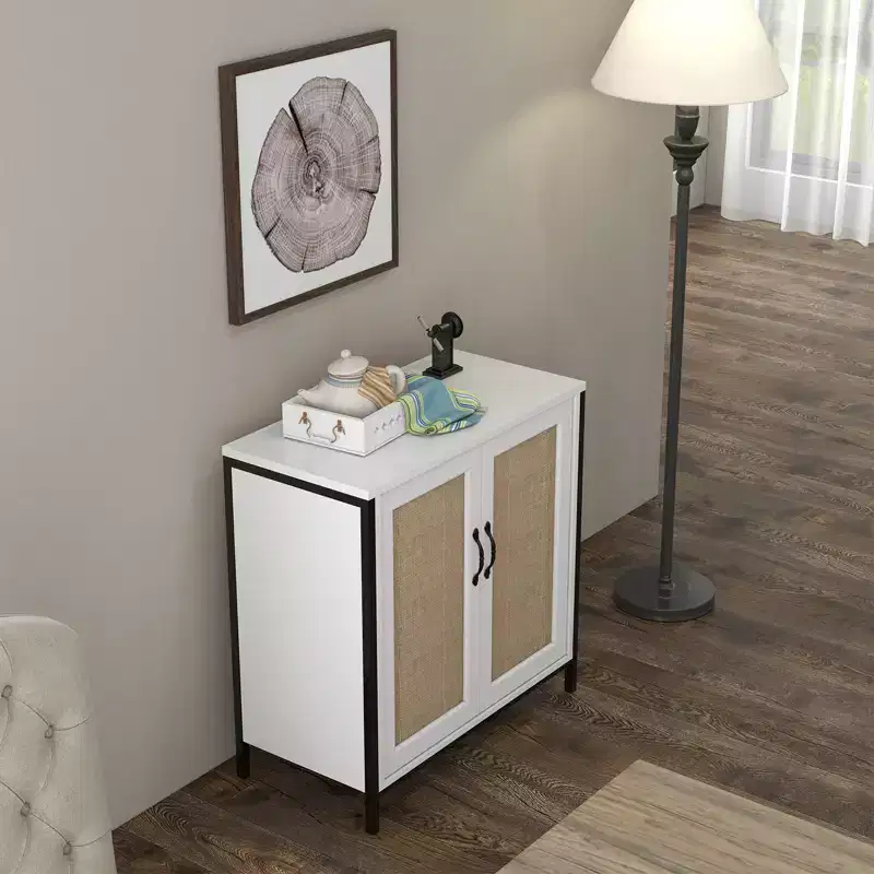 Rattan Storage Cabinet, White Sideboard Buffet with Storage Spacious with 2 Rattan Decorated Doors, Storage Cabinet for Dining Room, Living Room