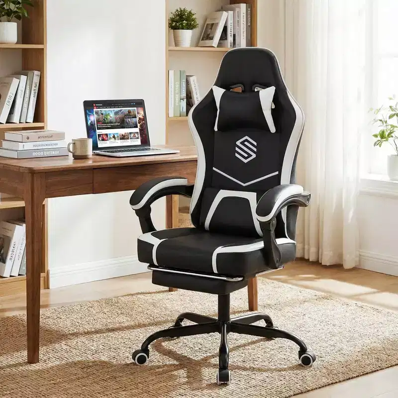 Gaming Chair with Headrest, Lumbar Support, Linkage Armrests and Reclining Backrest, Black and White