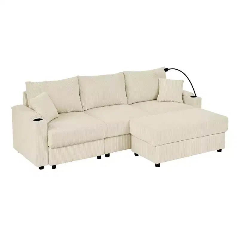 Modern 3 Seater Corduroy 102 Sofa with Cup Holders,Mobile Phone Holder, Armrest Storage and Ottoman