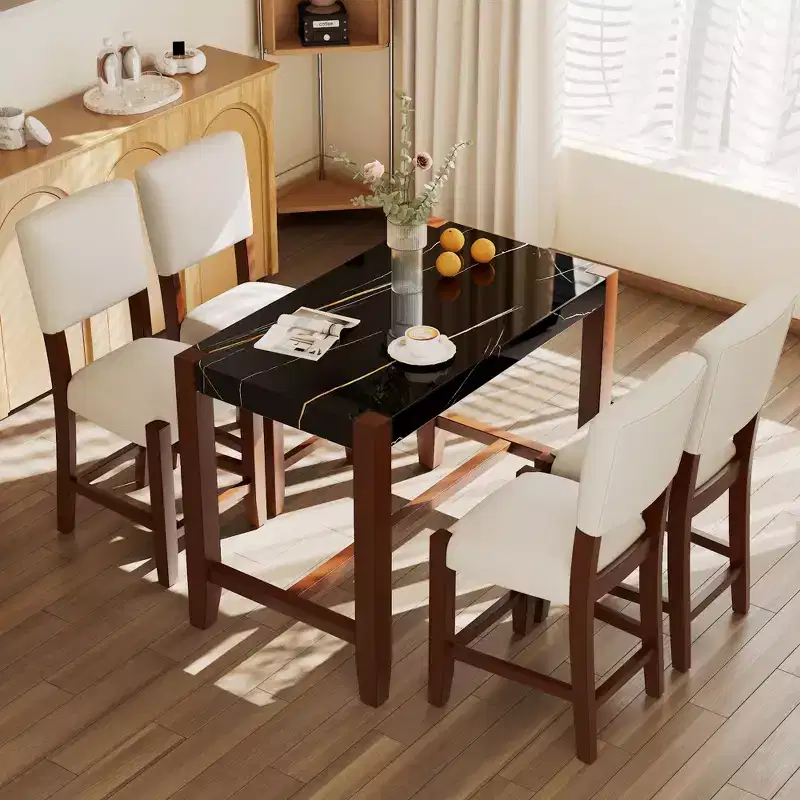 Marble Counter Height Dining Table Set for 4, 5 Pieces Bar Table Set with 4 Upholstered Chairs for Dining Room Pub Kitchen Small Place