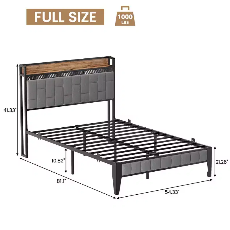CuisinSmart Bed Frame with Storage Headboard, LED Platform Bed Frame with Charging Station, No Spring Box Need, Easy Assembly, Grey