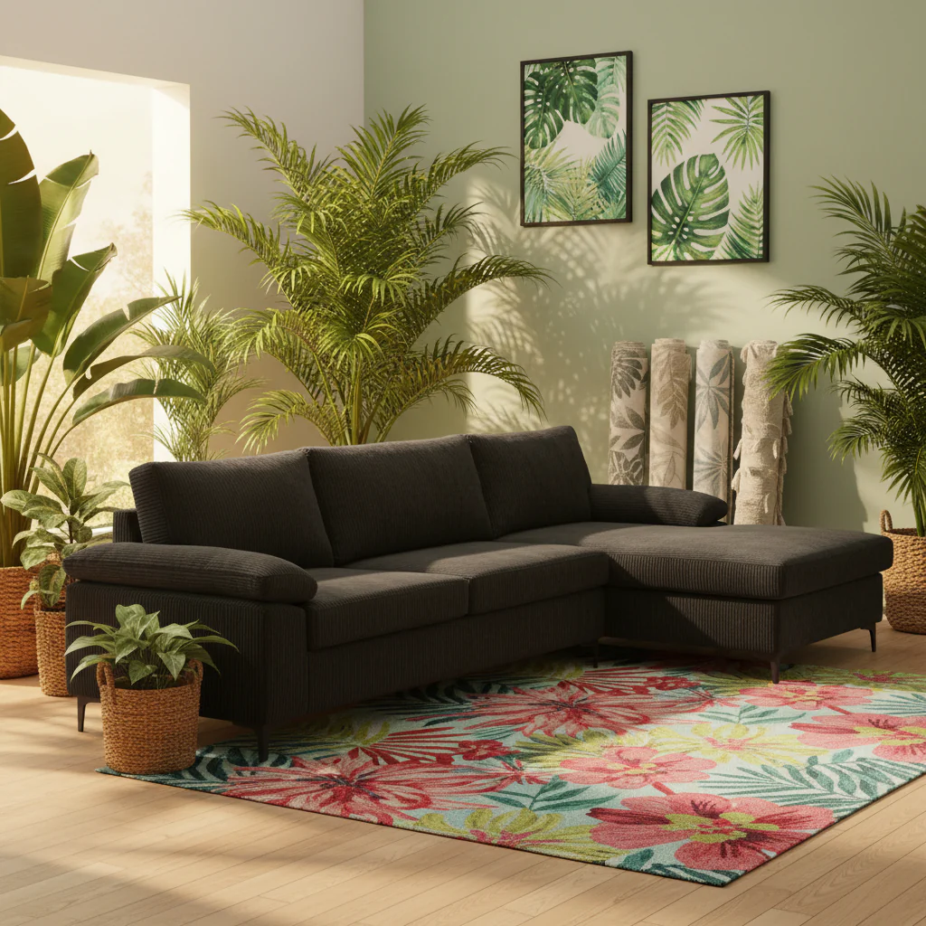 Living Room Wide Armrest Corduroy Fabric Chaise Reversible Sofa with Ottoman