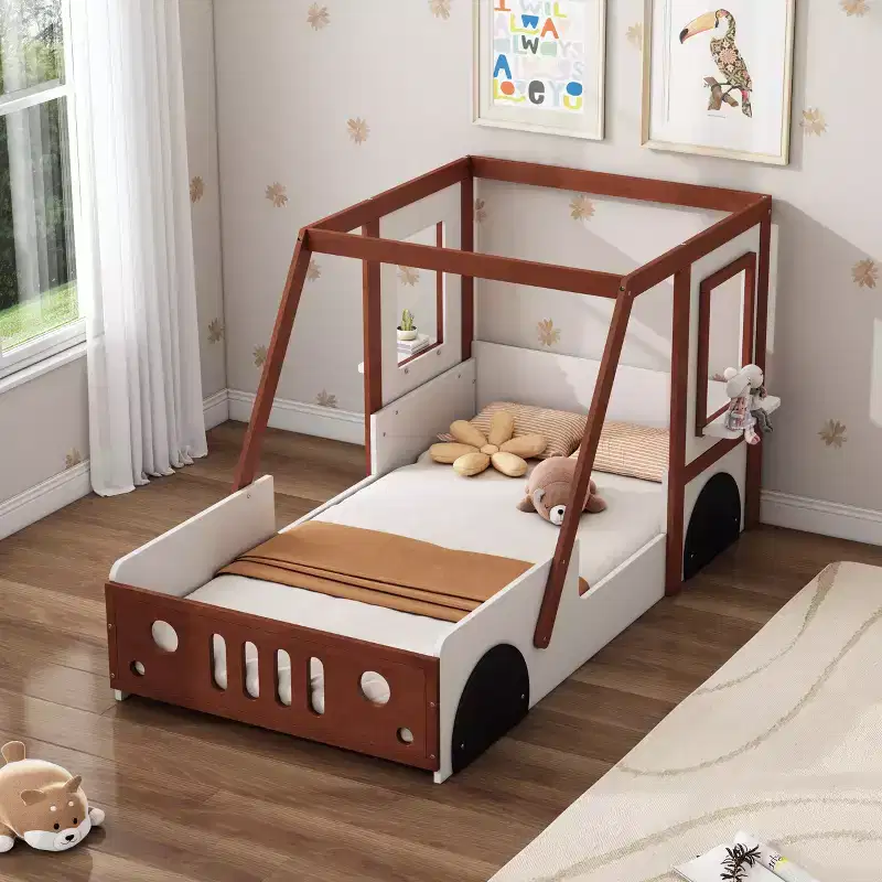 Cute Twin Size Car Bed, Twin Size Wooden Platform Bed in Car-Shaped for Boys Girls Bedroom, Orange