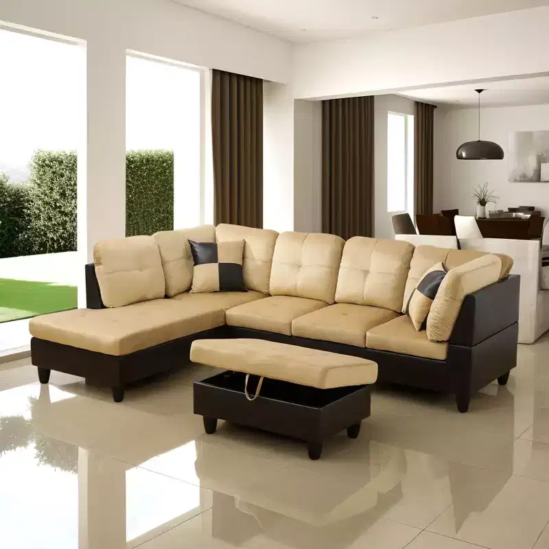 L-Shaped Living Room Sofa, Three-Piece Short Plush Sofa with Double-Layer Spring and Soft Breathable Fabric