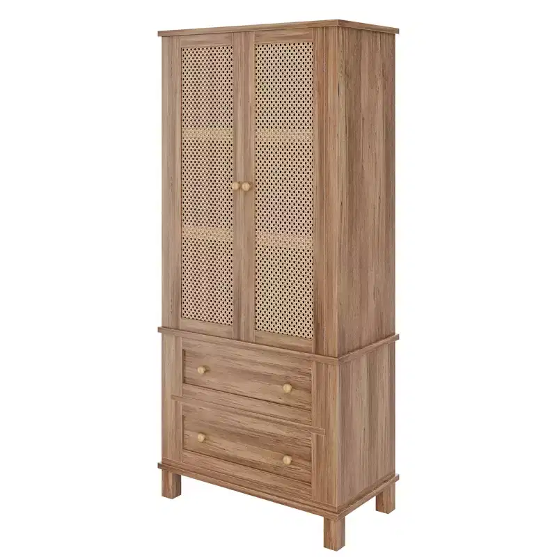 Kitchen Pantry Cabinet with Rattan Doors, 64 Tall Storage Cabinet with 2 Drawers and Adjustable Shelves, Pantry Cabinet Wood Cupboard for Kitchen
