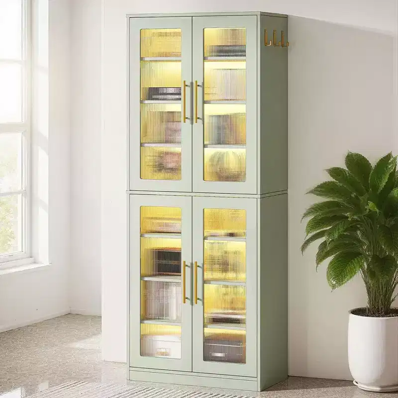 LED-Lit White Bookcase, Remote-Controlled RGB Light Acrylic Door Display Cabinet