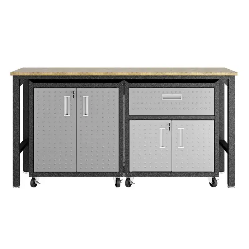 Manhattan Comfort Fortress 3pc Mobile Space Saving Garage Cabinet and Worktable Set 2.0 Gray: Lockable Storage, Adjustable Shelves, Casters