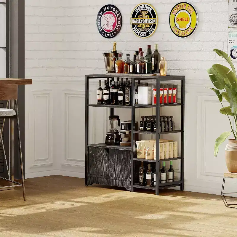 Kitchen Baker Rack, Industrial Kitchen Storage Rack with Power Outlet, Freestanding Microwave Oven Stand, Coffee Bar Table for Dining Room