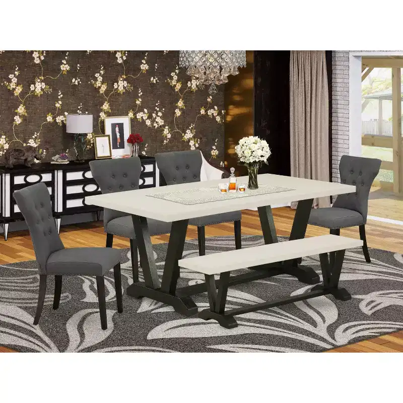 HomeStock 6-Pc Rectangle Natural Oak Finish Solid Wood Top Dining Table with 1-Bench, 4-Chairs