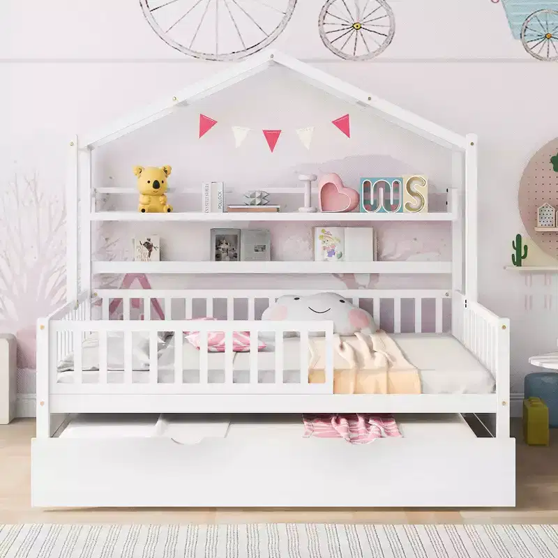 Wooden Full Size House Bed with Twin Size Trundle, Kids Bed with Shelf, White