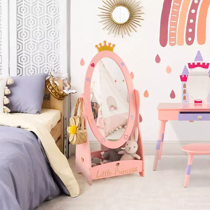 Kids Full Length Mirror Free-Standing 360° Dressing, Wooden Princess Storage — Pink