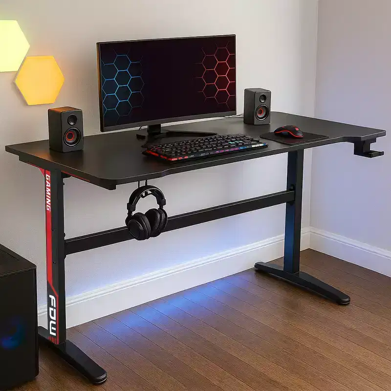 BestMassage 47 Inch Computer Desk Gaming Desk Writing Desk T-Shaped Office Desk PC Desk with Built-in Cup Holder, Red