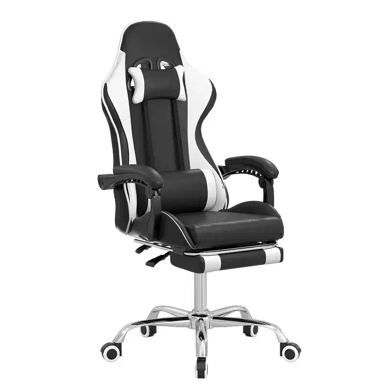 VECELO Reclining Gaming Chair, Faux Leather Adjustable Height Ergonomic Gaming Chair with Footrest & Lumbar Support, Black