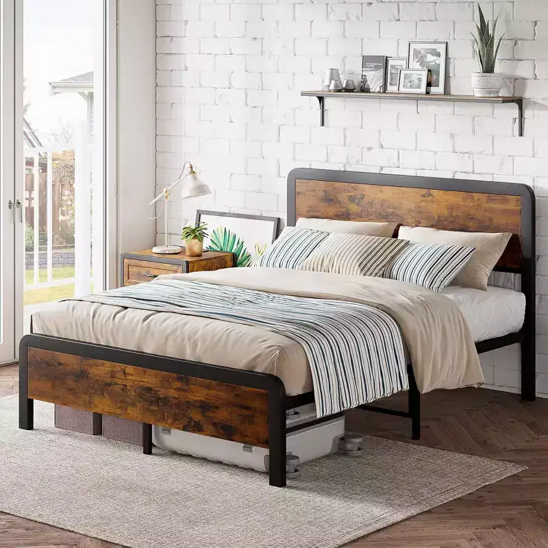 COZONY Queen Bed Frame with Wood Headboard, Platform Bed with Safe Rounded Corners & Metal Slats Support