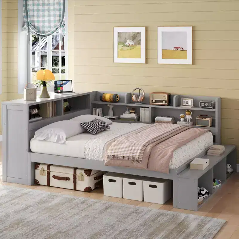 Full Daybed Frame, Solid Wood Daybed with Storage Cabinets and Shoe Cabinet