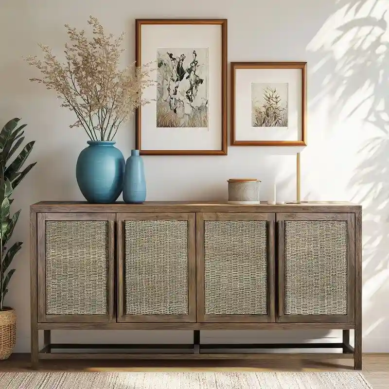 4 Door Large Storage Cabinet with Seagrass Panels and Teak Handles