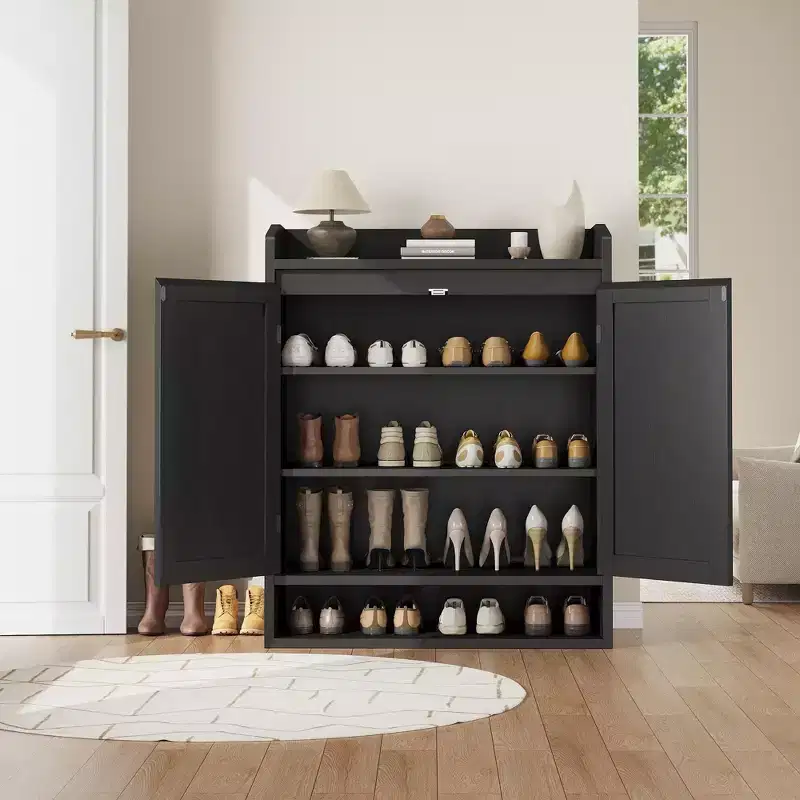 Coolmee Shoe Cabinet for Entryway, Rattan Shoe Storage Organizer with Adjustable Shelves, Closed Shoe Rack for Hallway, Living Room, Bedroom