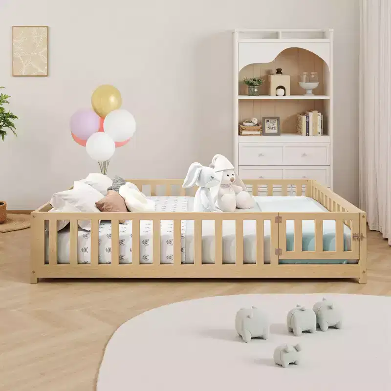 Full Size Toddler Floor Bed for Kids with Support Slats and Door, Modern Montessori Bed with Guardrails