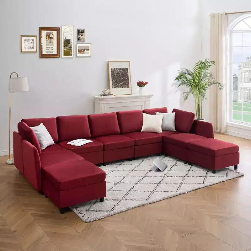 Whizmax 9-Seaters Reversible Velvet Modular Sectional Sleeper Sofa with Ottomans, Storage and Chaise - Wine Red