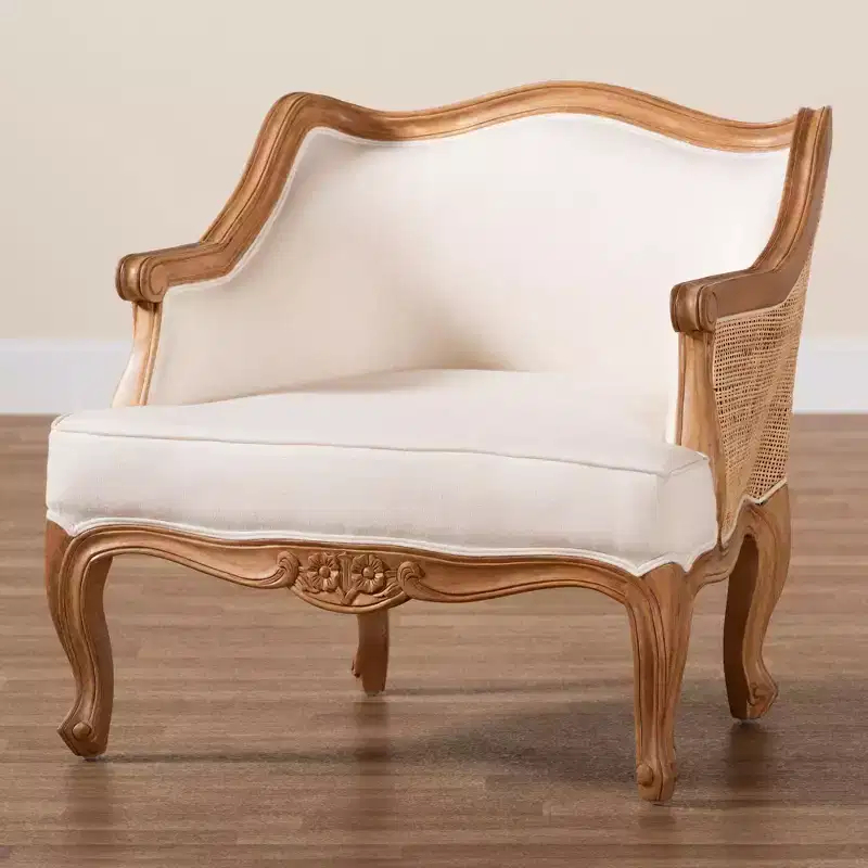 French-Inspired Accent Chair – Bayur Wood, Rattan, Foam Padded, No Assembly