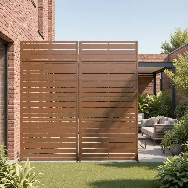 Benjamin Wide-Narrow A Louvered Brown Galvanized Steel Room Divider, 72x35x16, 6-Piece Double-Sided Privacy Screen