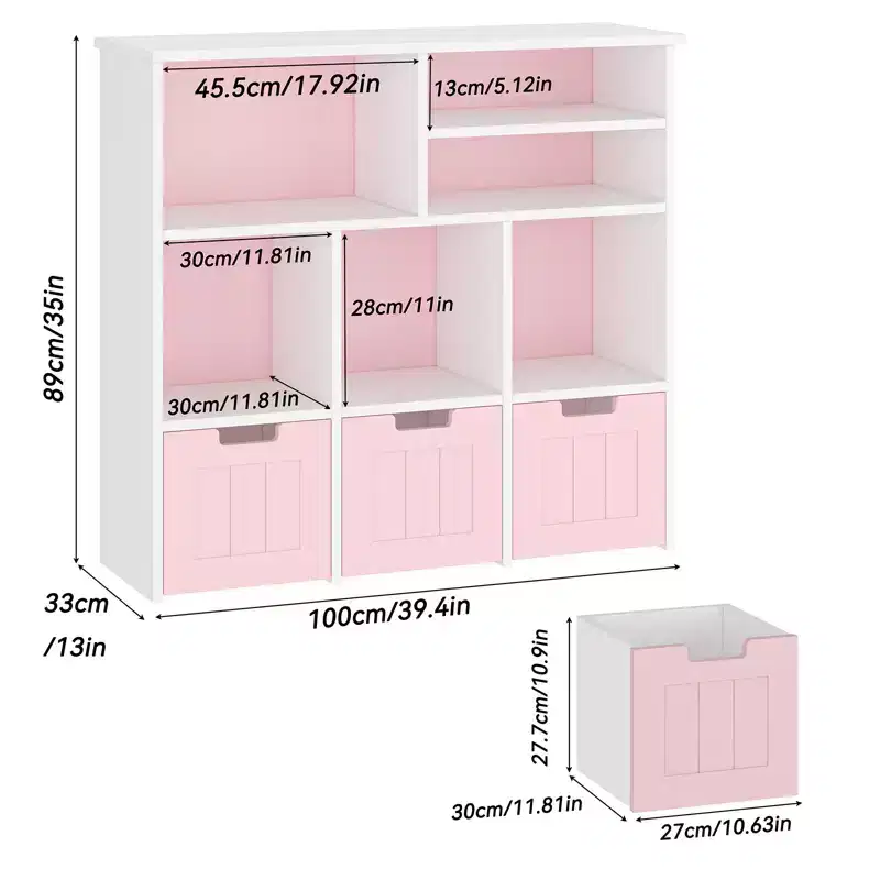 Kids Toy Storage Organizer with 3 Movable Drawers and 6 Storage Cubbies for Living Room, Playroom, Nursery, Bedroom, White and Pink
