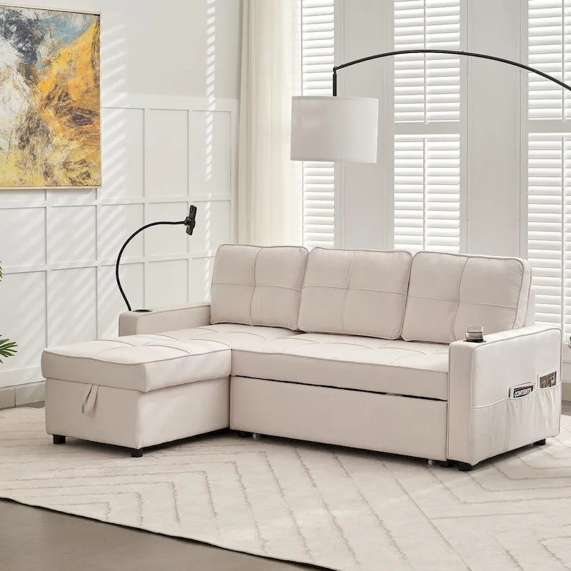 L-Shaped Linen Sleeper Sofa with Pull-Out Bed, Storage and USB Charger