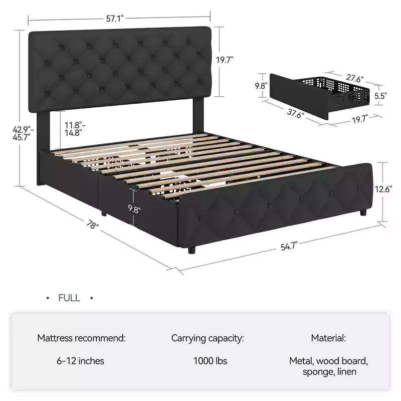Garvee Full Size Bed Frame with 4 Storage Drawers and Headboard, Linen Upholstered Platform with Wooden Slats Support, No Box Spring Needed
