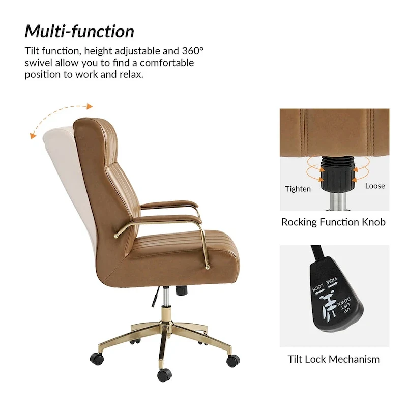 Mid-Century Modern Vegan Leather Swivel Tilting Office Chair with Channel Tufted and Metal Feet