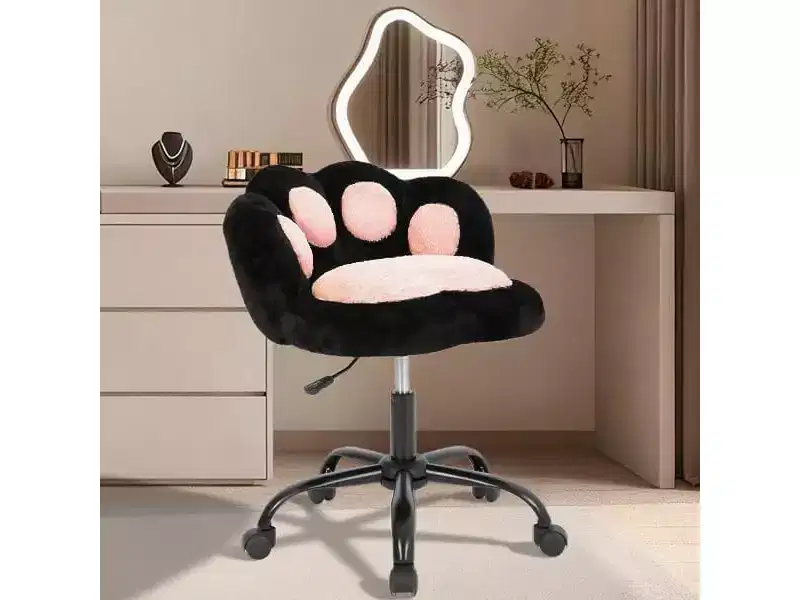 GustoWave Cat Paw Vanity Chair - Cute Armless Desk Chair with Wheels, 360 Rotating Teddy Fabric Computer Chair for Kids Room, Office & Bedroom