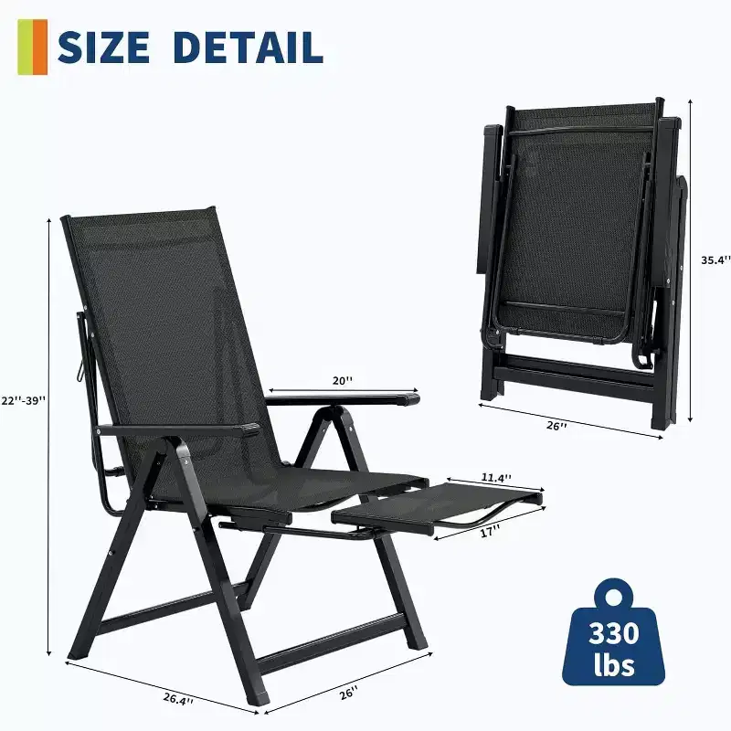 Outdoor Patio Folding Chair with Armrests & Footrest, Adjustable 10-Position Reclining Lounge Chair, Portable for Garden, Camping