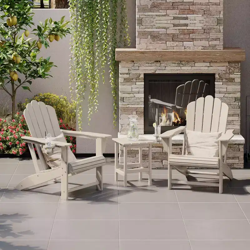 WestinTrends Highland 3-Piece Outdoor Patio HDPE Adirondack Chair With Cup Holder and Table Set, Sand