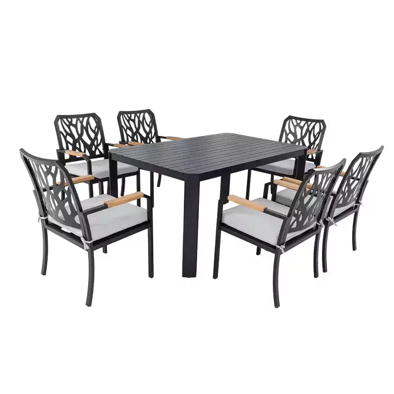 Christopher Knight Home Miles 7 Piece Modern Patio Upholstered Aluminum Dining Set with Sunbrella Cushions and 59 Rectangular Table