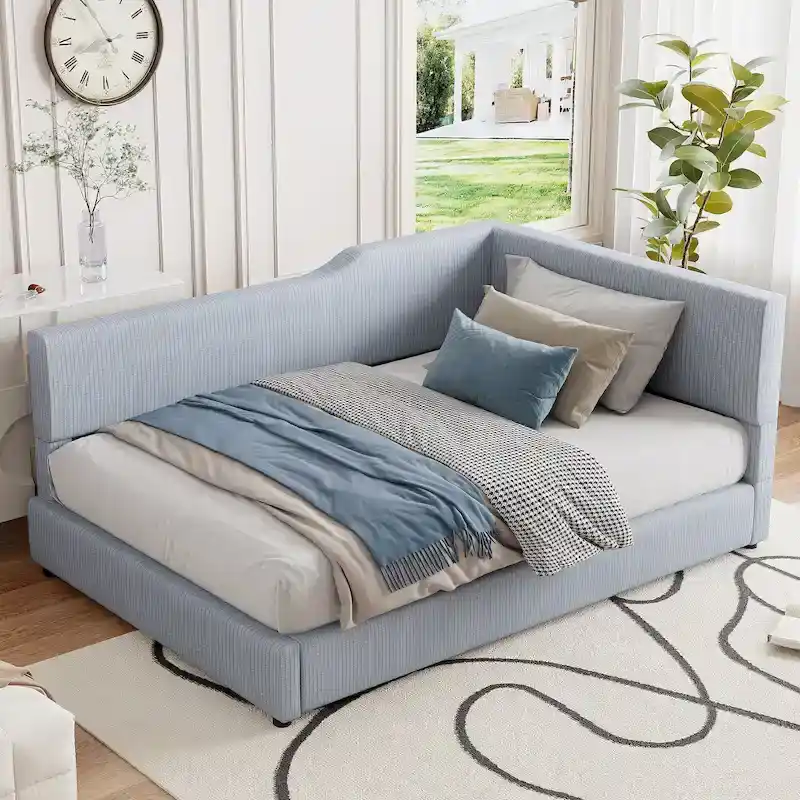 L-Shaped Daybed with Corduroy Upholstery, Solid Frame, 500 lbs Capacity