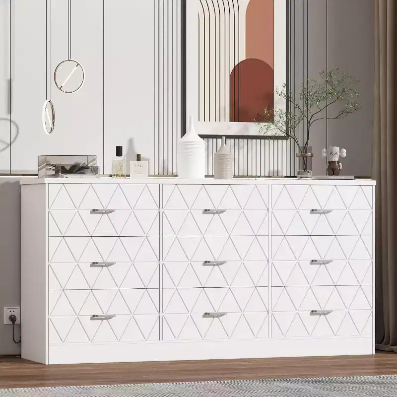 63'' Wooden Dresser for Bedroom with USB Power Outlet, Modern Large Chest of Drawers, Storage Organizer for Living Room, Closet, Hallway, or Office
