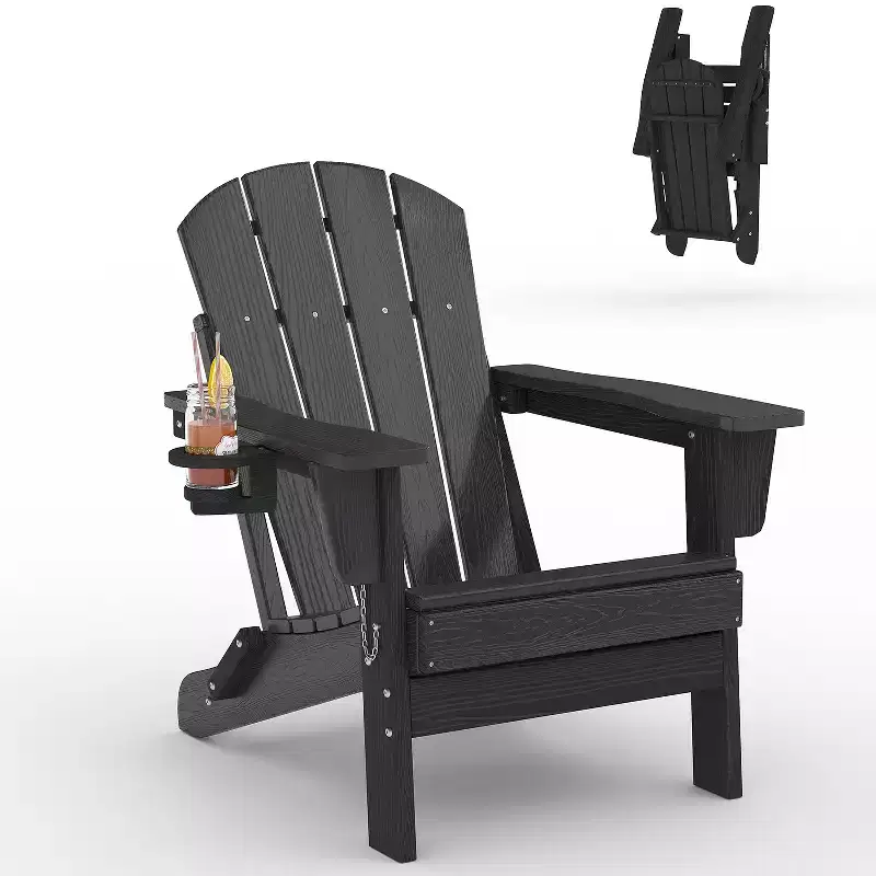 Folding Adirondack Chairs, All-Weather HDPE Outdoor Seating with Wood Texture & Cup Holders for Patio, Fire Pit, and Garden,White