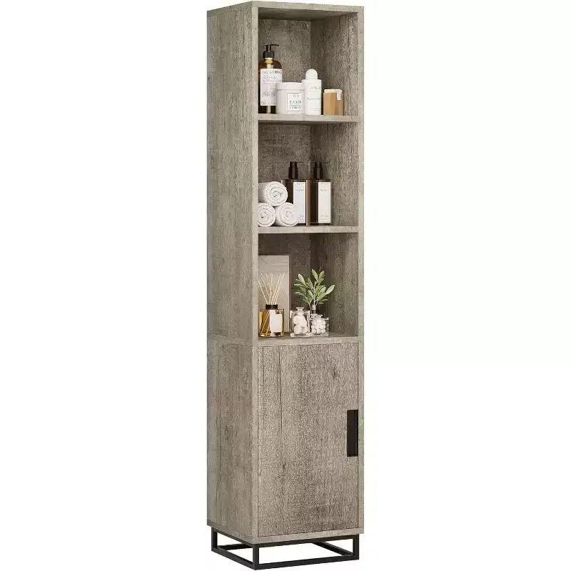 70-Inch Tall Narrow Bathroom Storage Cabinet with Door and Adjustable Shelves, Freestanding Open Storage Unit for Laundry Room, Living Room, Gray