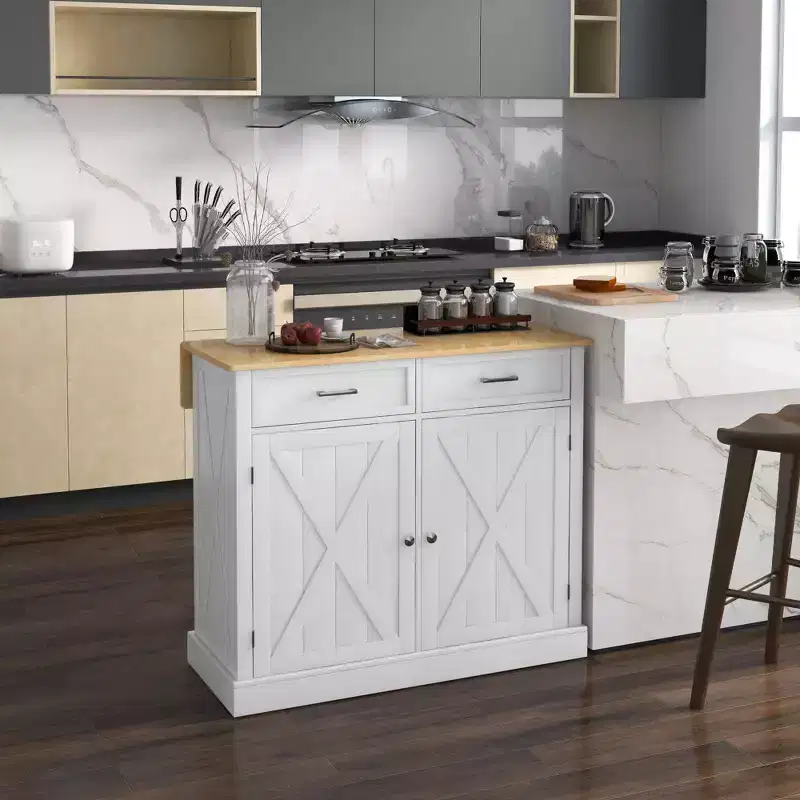 Farmhouse Kitchen Cart with Rubberwood Drop Leaf, Kitchen Island with Drawers and Adjustable Shelves for Dining Room, White