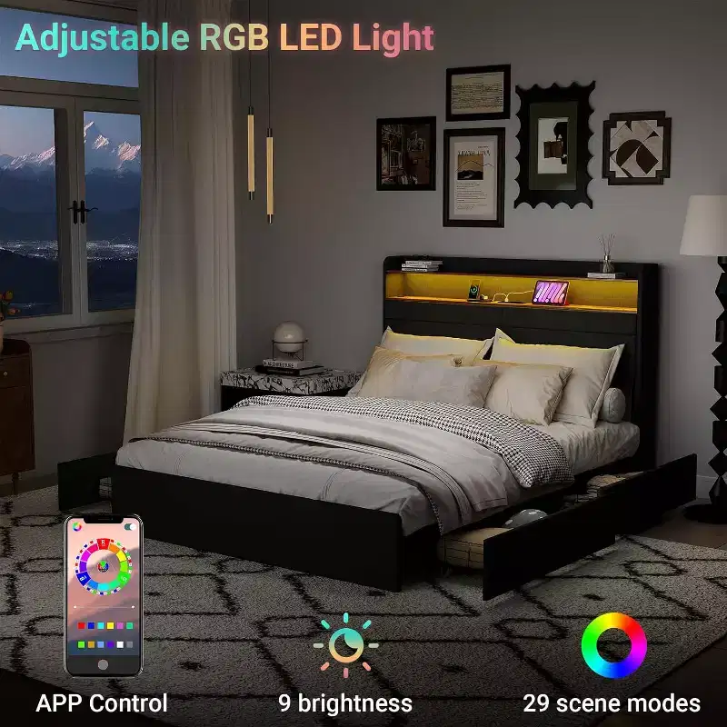 Full Bed Frame with 4 Storage Drawers, Full Size Upholstered Bed Frame with Headboard, LED, Sturdy Metal Slat Support, No Noise, Dark Gray