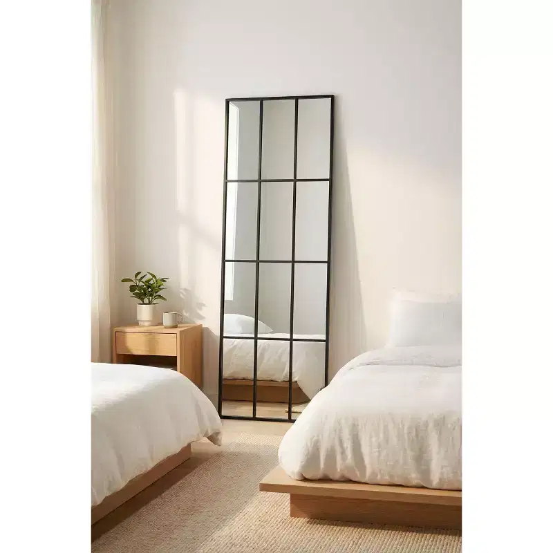 Likepay Full-Length Black Metal Windowpane Floor Mirror with Modern Grid Design
