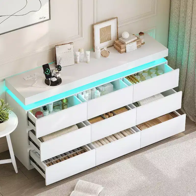 Dyoney 9-drawer vanity with power socket and LED lights, spacious storage cabinet, charging dock