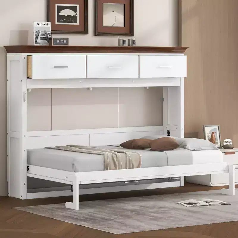 White Twin Murphy Bed with 3 Drawers, Foldable Cabinet, 1-Person