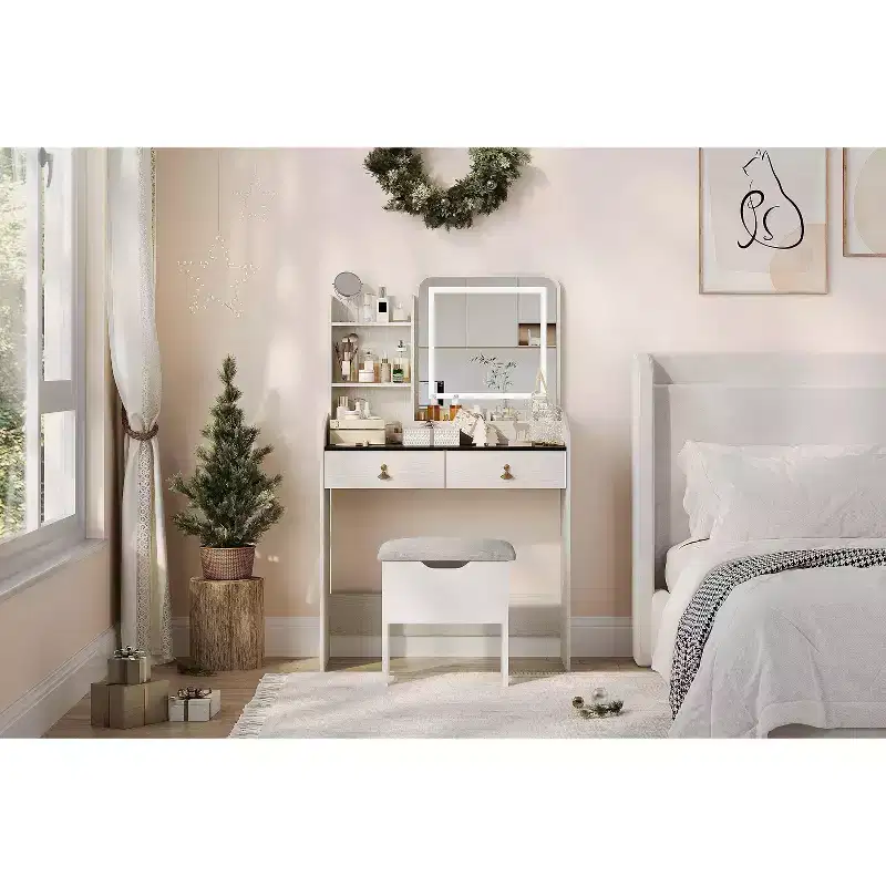 Makeup Vanity Table with LED Lighted Mirror, Vanity Table Set with 2 Drawer & Charging Station, Small Vanity Desk Set with Storage Stool, Femal Gift