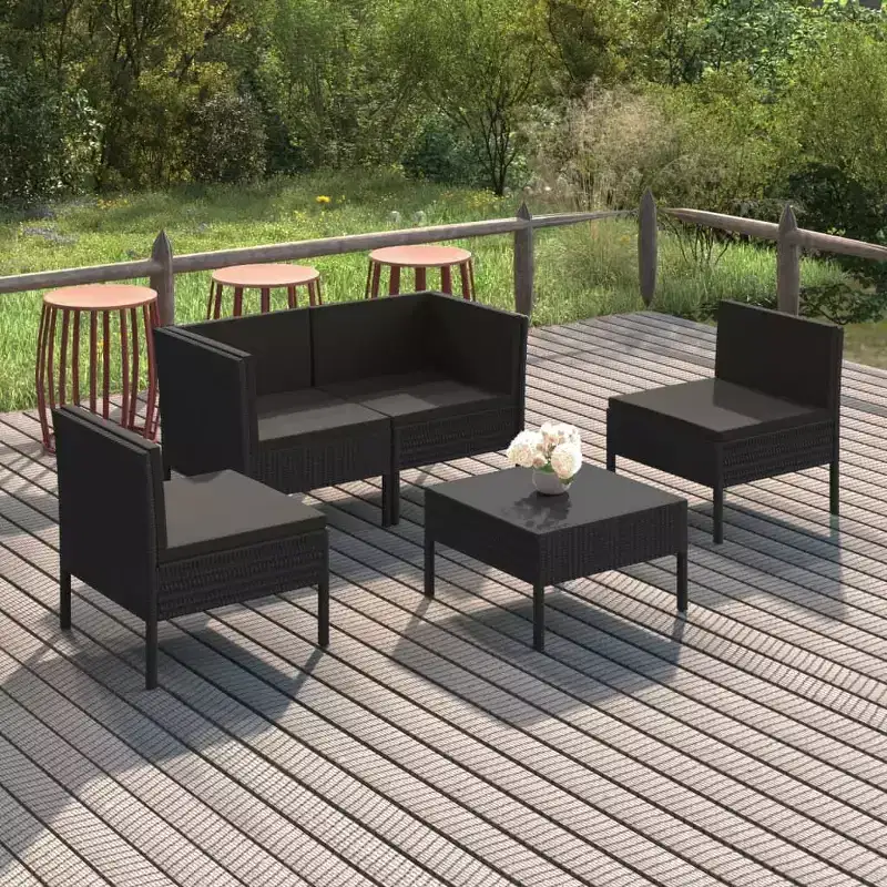 vidaXL 5-Piece Black Poly Rattan Patio Lounge Set with Cushions - Versatile Outdoor Furniture for Garden and Deck