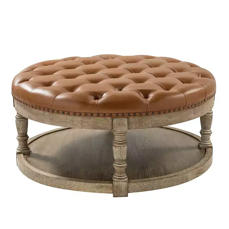 Chloe Vegan Leather Round Cocktail Ottoman with Storage and Nailhead| ART OF LIVING DESIGNS
