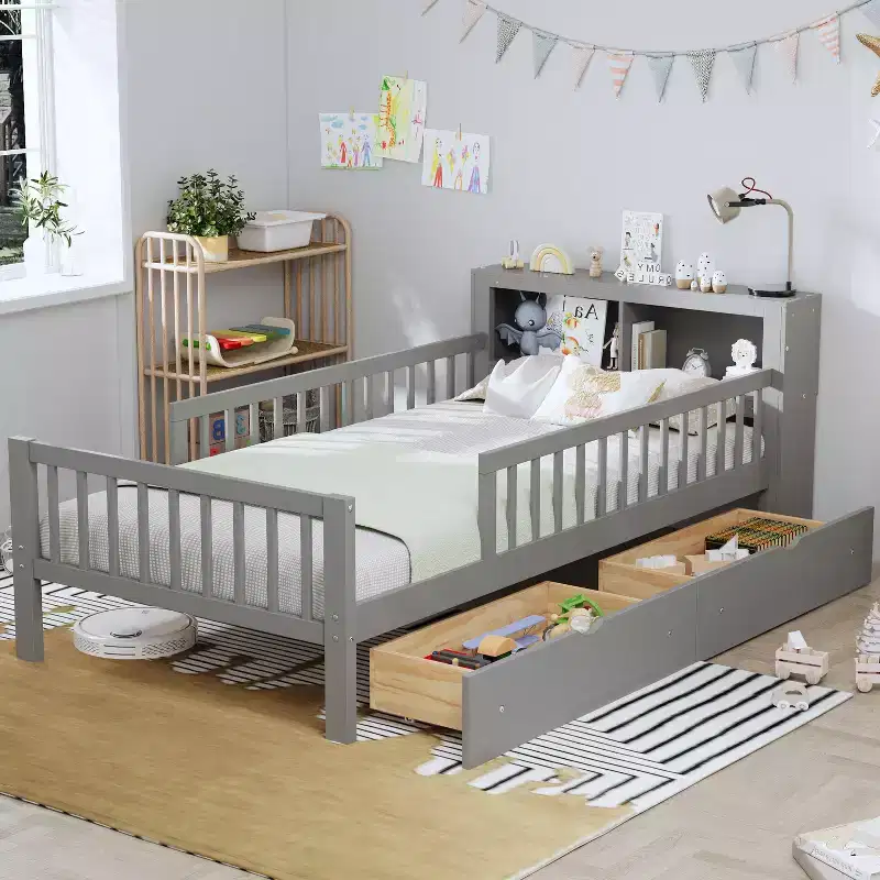 Wood Twin Size Platform Bed with 2 Storage Drawers and Guardrails for Kids