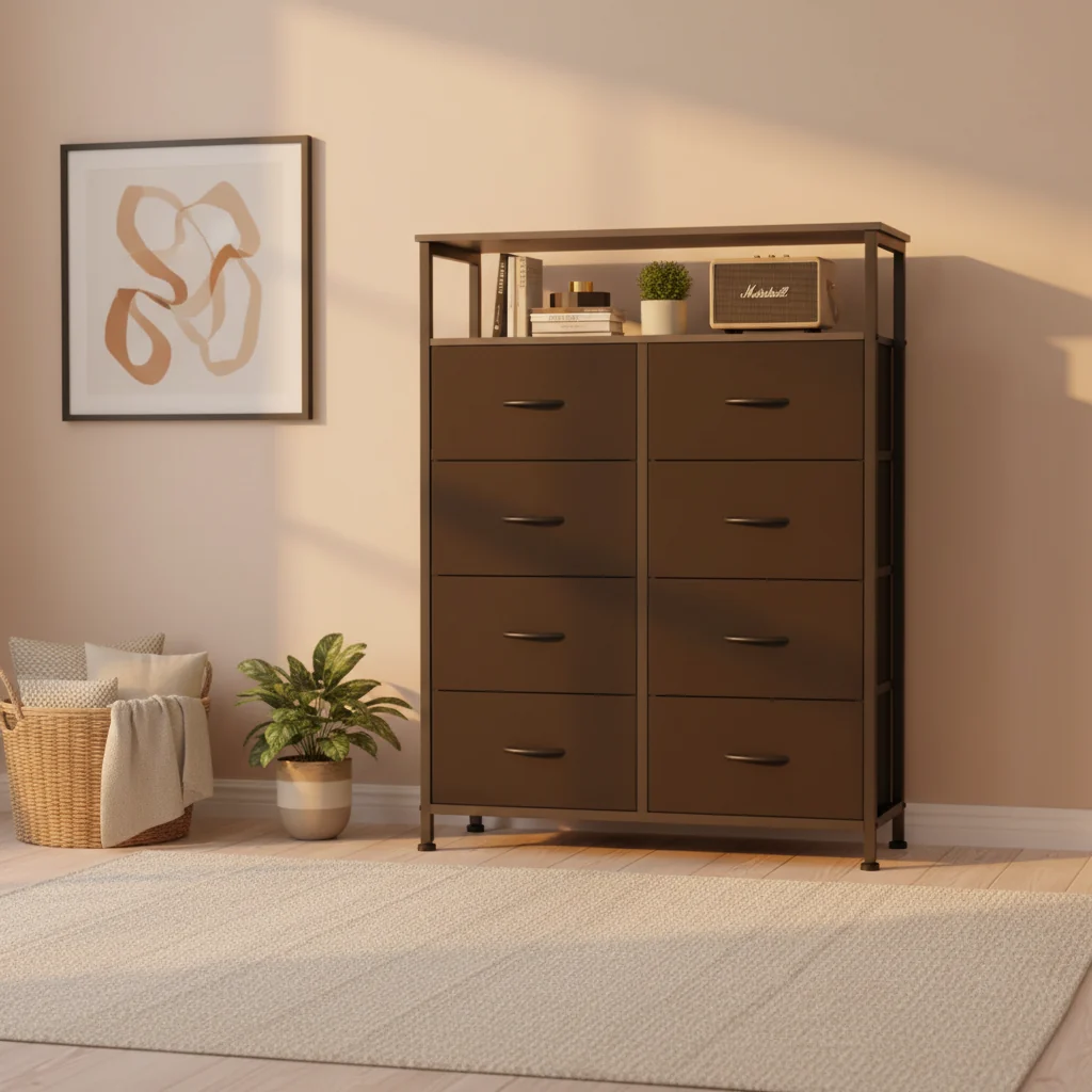 Dresser with 8 Fabric Drawers & Open Shelf, Tall Storage Cabinet, Chest of Drawers for Bedroom & Living Room