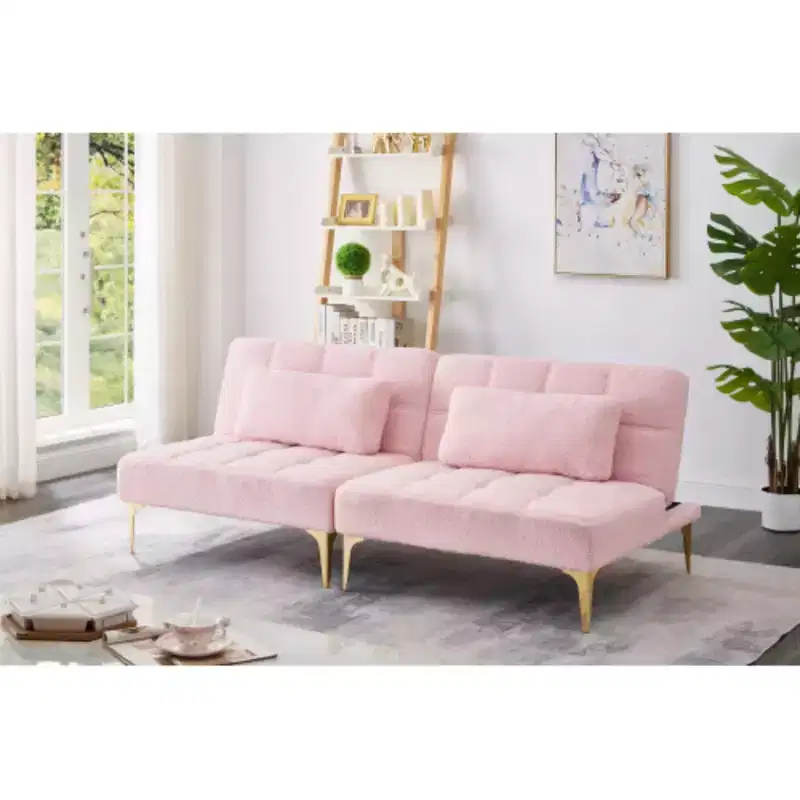 71 Convertible Sofa Bed Futon With Gold Metal Legs Teddy Fabric