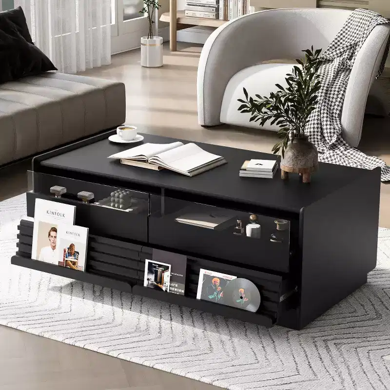 Black / Brown Modern Rectangle Coffee Table with Storage, 1-Person